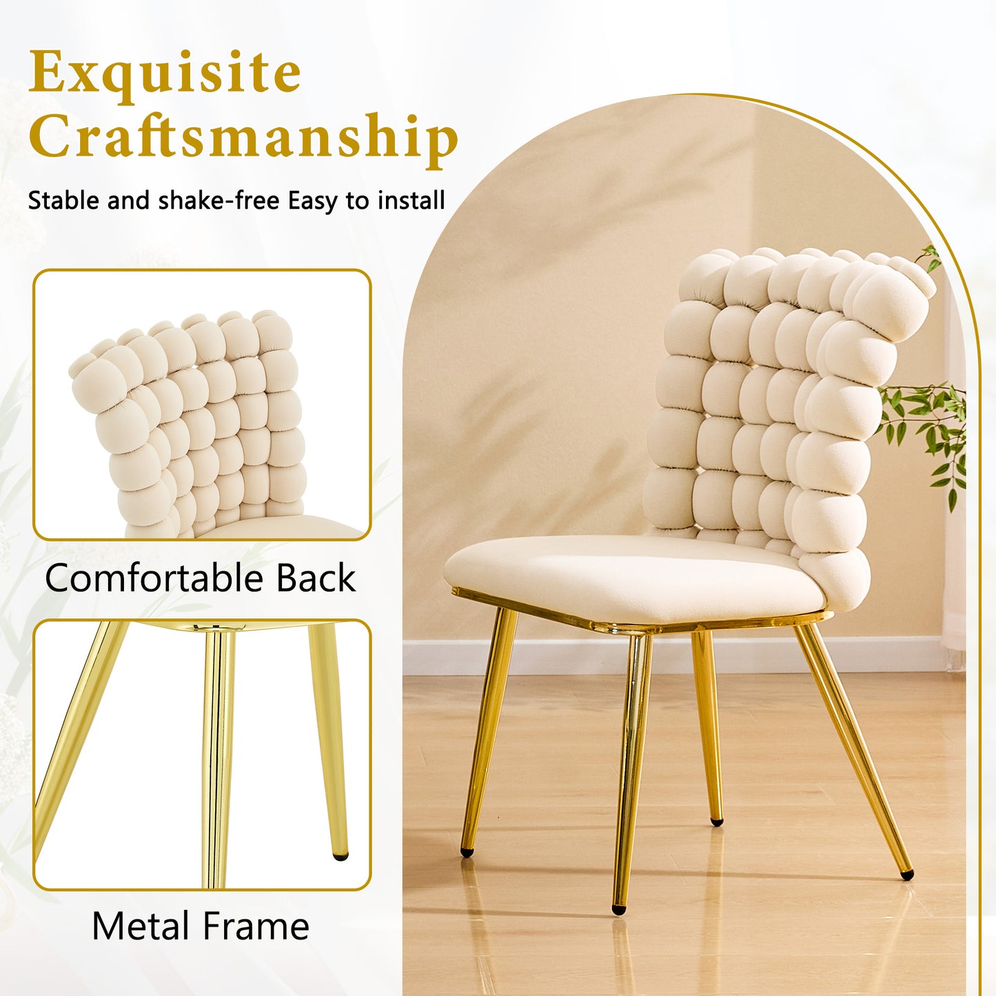 Set of 2 Luxury Cream Bubble Tufted Swivel Chair, Premium Velvet Upholstered Accent Chair with Gold Metal Frame, Ergonomic Space-Saving Desk Chair for Modern Interiors image 8