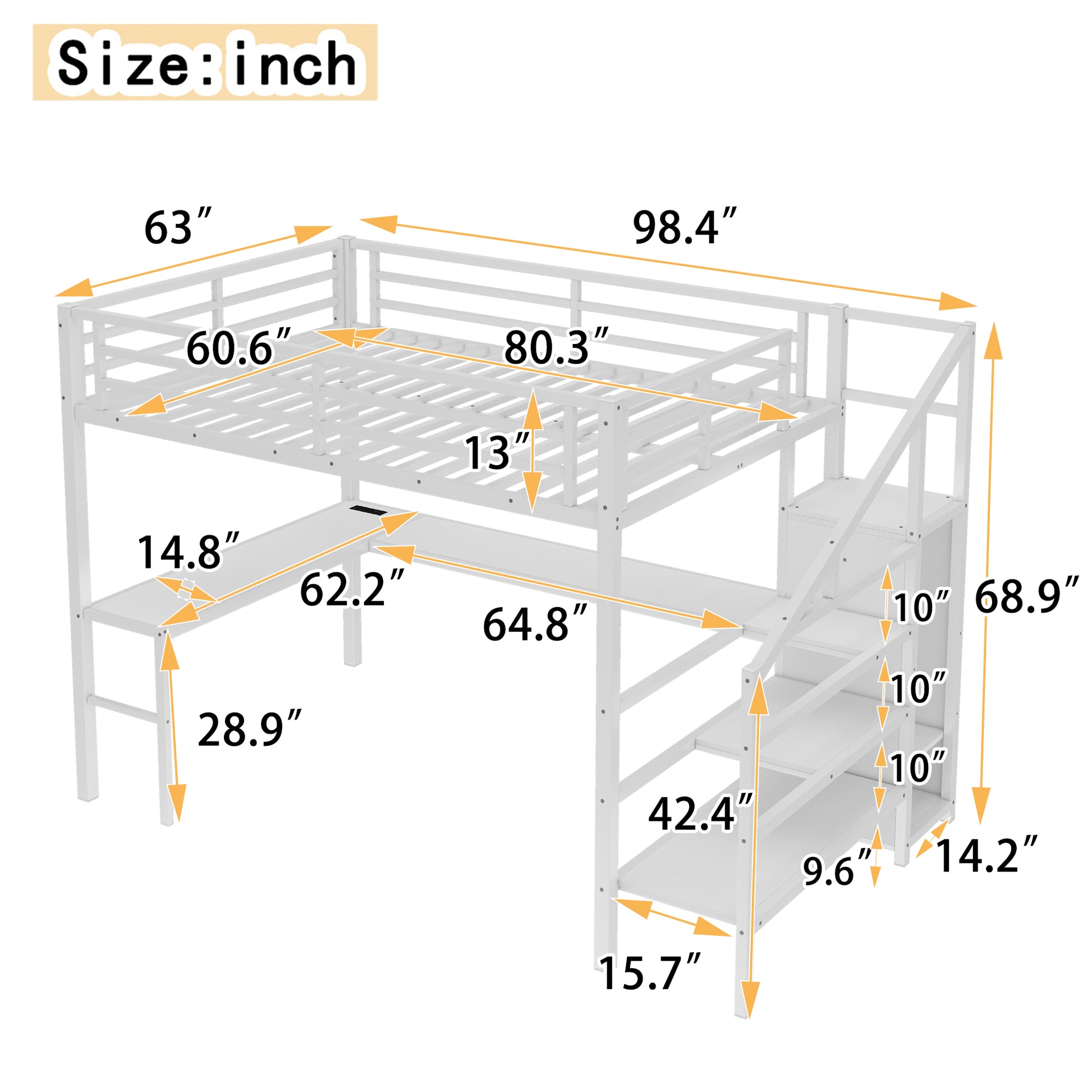 Queen Size Loft Bed with L-shaped Desk and USB, Metal Loft Bed with Wardrobe and Adjustable Shelf, High Loft Bed with LED for Kids Teens Adults, White image 3