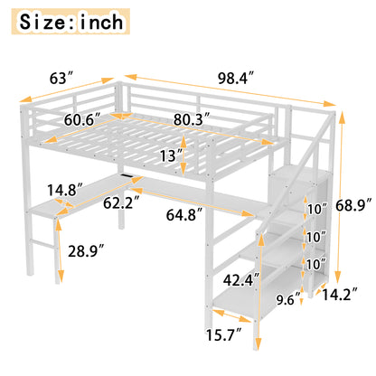 Queen Size Loft Bed with L-shaped Desk and USB, Metal Loft Bed with Wardrobe and Adjustable Shelf, High Loft Bed with LED for Kids Teens Adults, White image 3