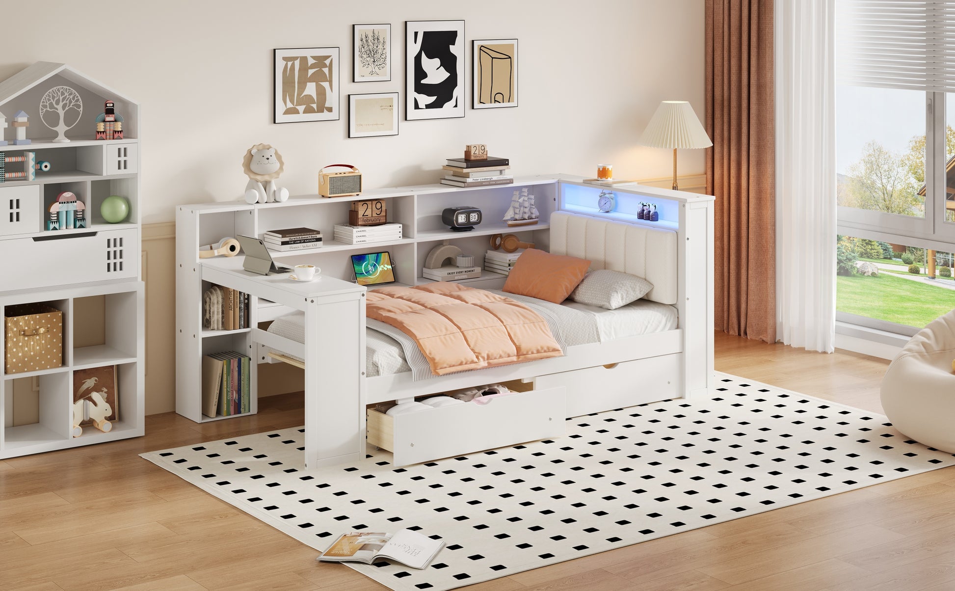 Wood Twin Size Platform Bed with Storage Shelves, Drawers, Charging Station, LED, Desk and Upholstered Headboard, White+Beige Cushion image 5