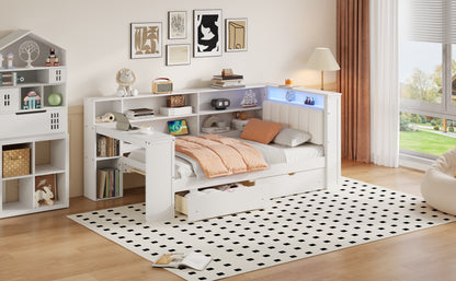 Wood Twin Size Platform Bed with Storage Shelves, Drawers, Charging Station, LED, Desk and Upholstered Headboard, White+Beige Cushion image 5