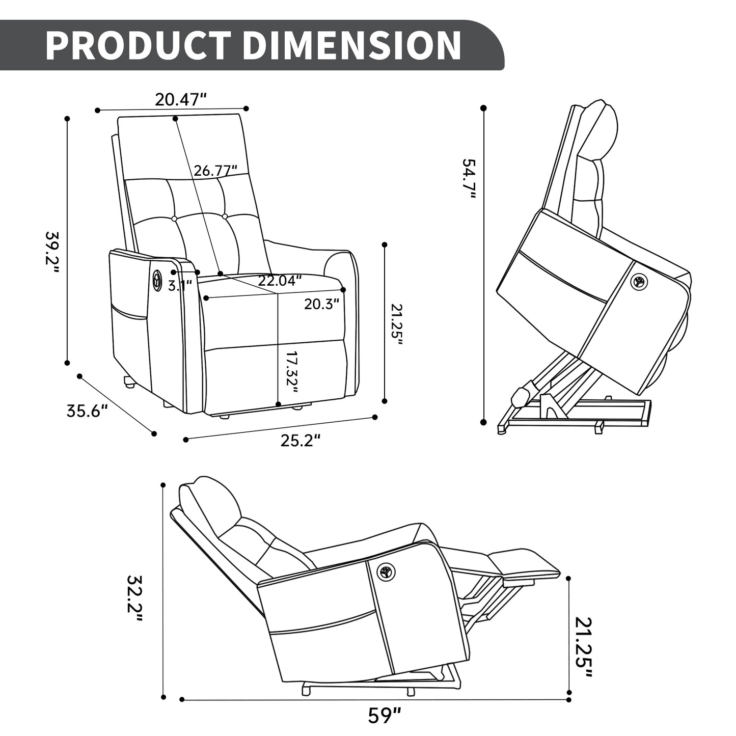 Deep Grey PU Single Motor Power Lift Recliner Chair with Massage and Heat for Elderly, Heavy Duty Motion Mechanism and One USB for Charging, Max Reclining Angle 155° image 3