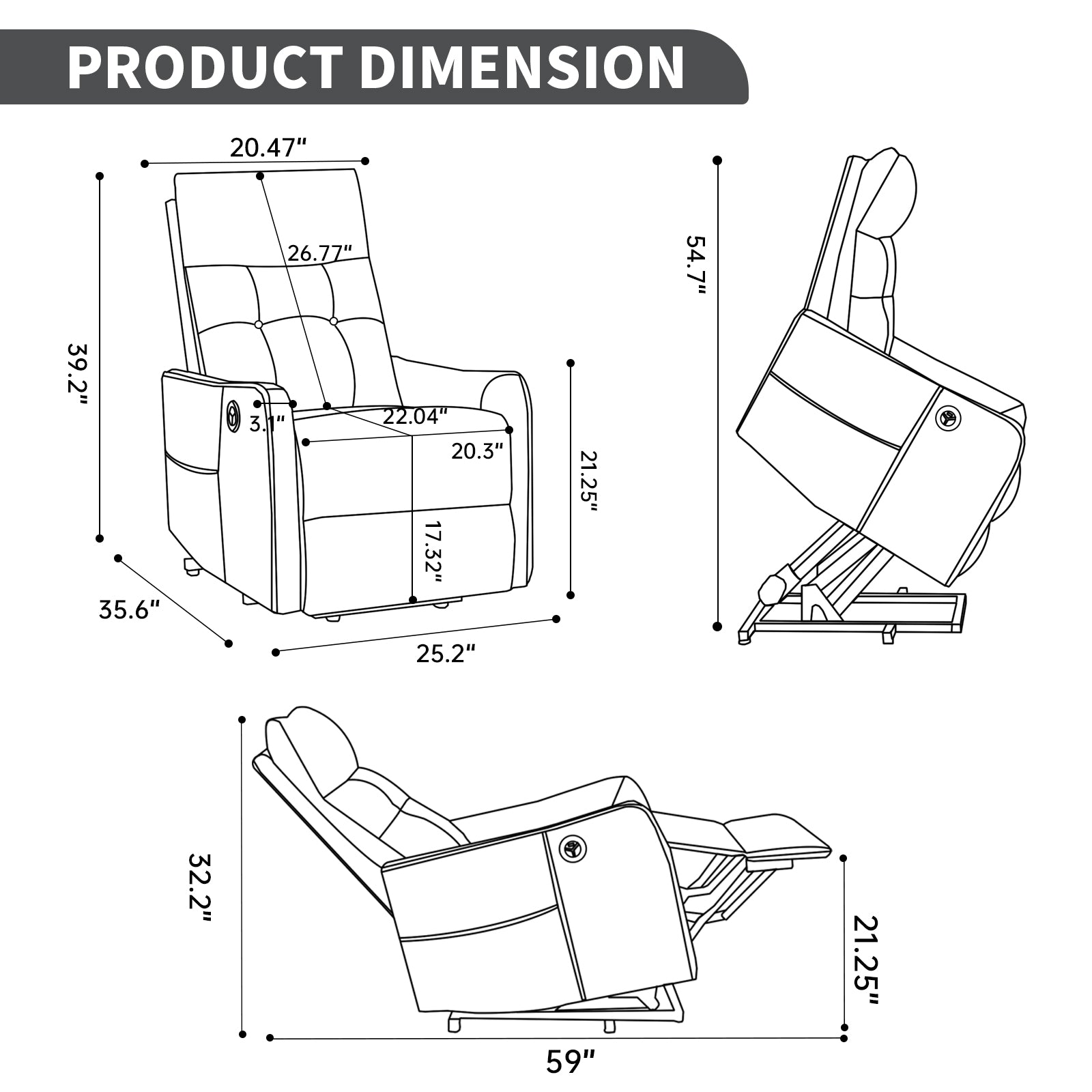 Deep Grey PU Single Motor Power Lift Recliner Chair with Massage and Heat for Elderly, Heavy Duty Motion Mechanism and One USB for Charging, Max Reclining Angle 155° image 3