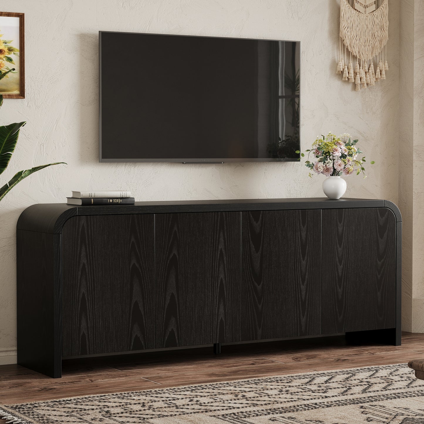Farmhouse Curved Edge TV Stand with Large Cabinets for TVs up to 70", Minimalist Wood Grain Media Console with Cable Management, Mid Century TV Cabinet with Adjustable Shelves for Living Room, Black image 1
