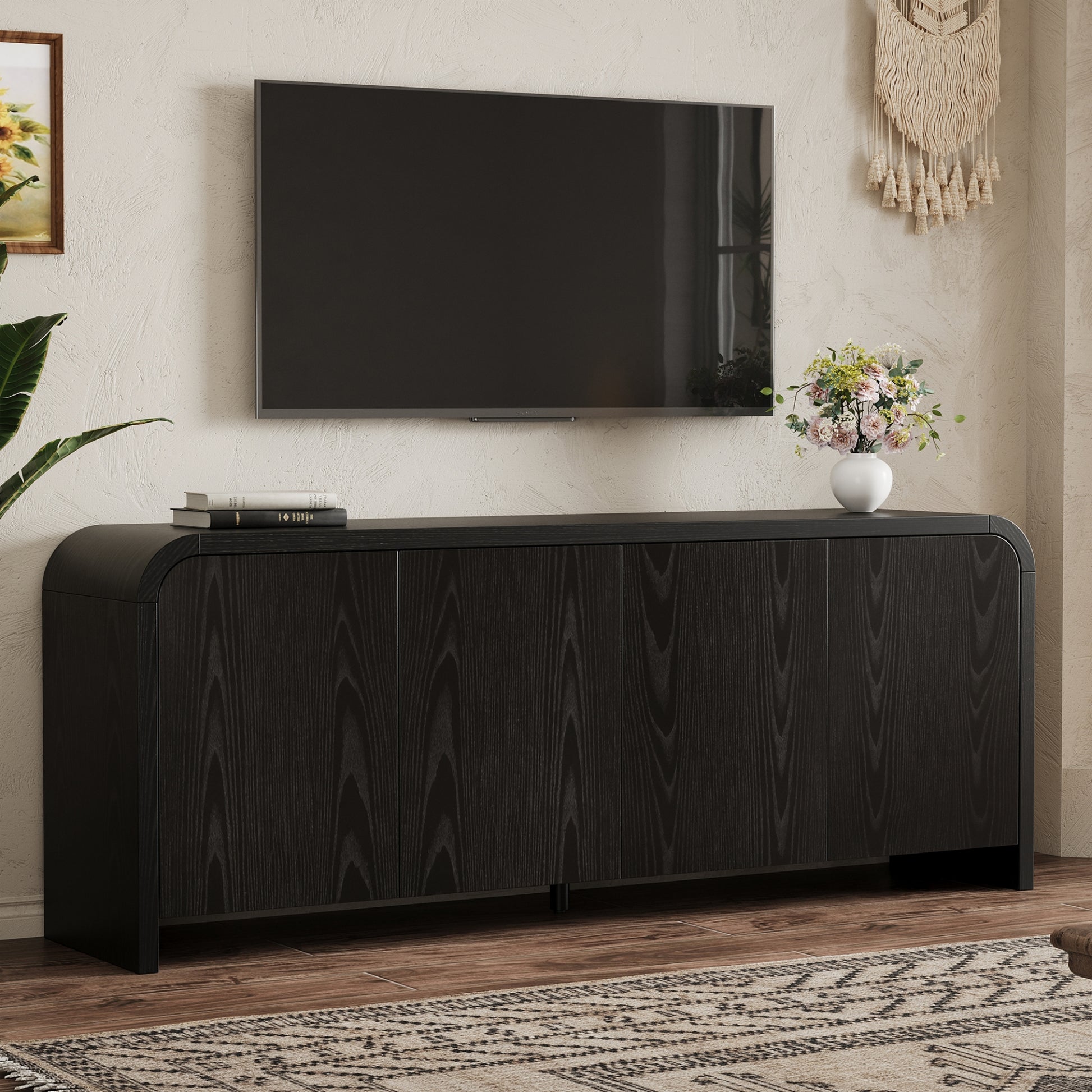 Farmhouse Curved Edge TV Stand with Large Cabinets for TVs up to 70", Minimalist Wood Grain Media Console with Cable Management, Mid Century TV Cabinet with Adjustable Shelves for Living Room, Black image 1