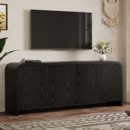 Farmhouse Curved Edge TV Stand with Large Cabinets for TVs up to 70", Minimalist Wood Grain Media Console with Cable Management, Mid Century TV Cabinet with Adjustable Shelves for Living Room, Black image 1