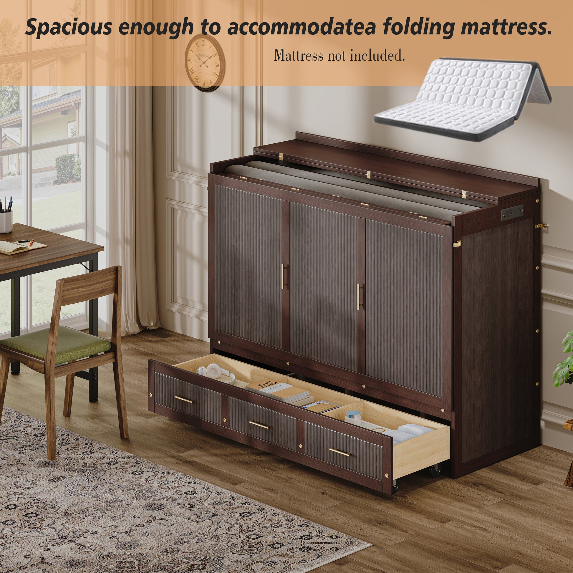Multifunctional Murphy Bed Cabinet with USB Charging Station, Queen Size Vertical Foldaway Bed with Drawers, Space Saving Hidden Wall Bed with Safety Lock & Anti-Tip Device, Coffee. image 6