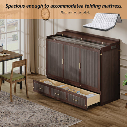 Multifunctional Murphy Bed Cabinet with USB Charging Station, Queen Size Vertical Foldaway Bed with Drawers, Space Saving Hidden Wall Bed with Safety Lock & Anti-Tip Device, Coffee. image 6