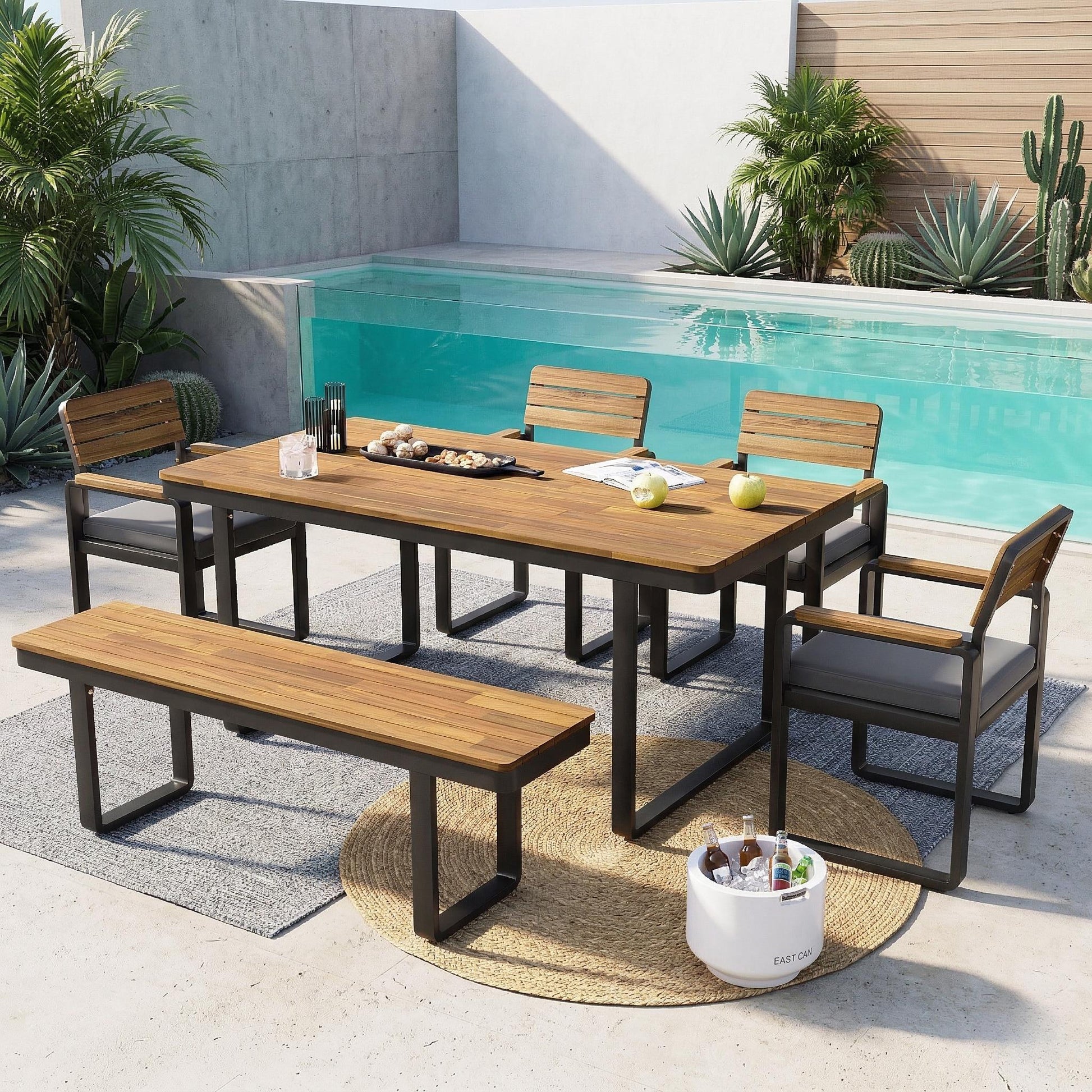 6-Piece Outdoor Dining Set, Acacia Wood, 1 Table with 4 Chairs & 1 Bench for 6-7 Person, Comfortable Cushions on Chairs, Adjustable Feet, for Patio, Garden, Backyard Dining, Gray Cushion image 3