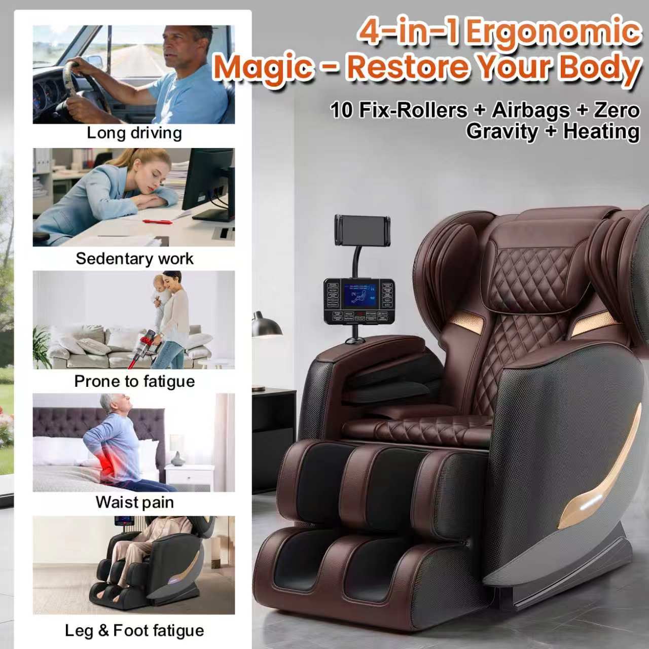 Massage Chair Full Body and Recliner, Zero Gravity Massage Chairs, 8 Fix Rollers, Airbags, Heating, Foot Massage, Auto Modes, Bluetooth Speaker and Touch Control Screen for Home and Office image 7