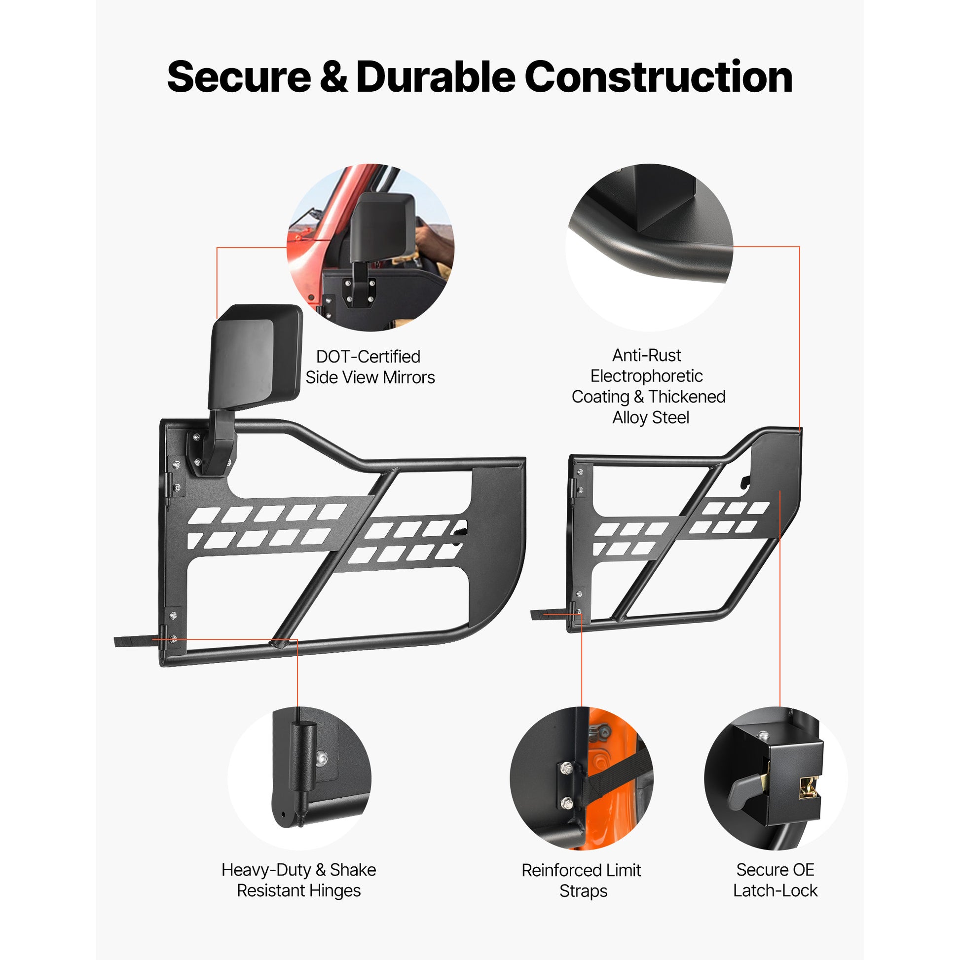Jeep Tube Doors, 4-Door, Compatible with 2007-2018 Jeep Wrangler JK JKU Unlimited, Steel Off Road Front & Rear Tubular Half Doors with DOT Certified Side View Mirrors, Storage Bag & Rubber Pads image 4
