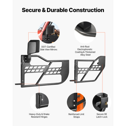 Jeep Tube Doors, 4-Door, Compatible with 2007-2018 Jeep Wrangler JK JKU Unlimited, Steel Off Road Front & Rear Tubular Half Doors with DOT Certified Side View Mirrors, Storage Bag & Rubber Pads image 4