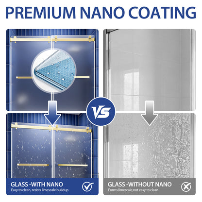 56-60" W x 60" H Frameless Double Sliding Shower Door, Premium 1/4" (6mm) Thick Frosted Ultra-Clear Nano-Coated Tempered Glass, Stainless Steel, Brushed Gold image 5
