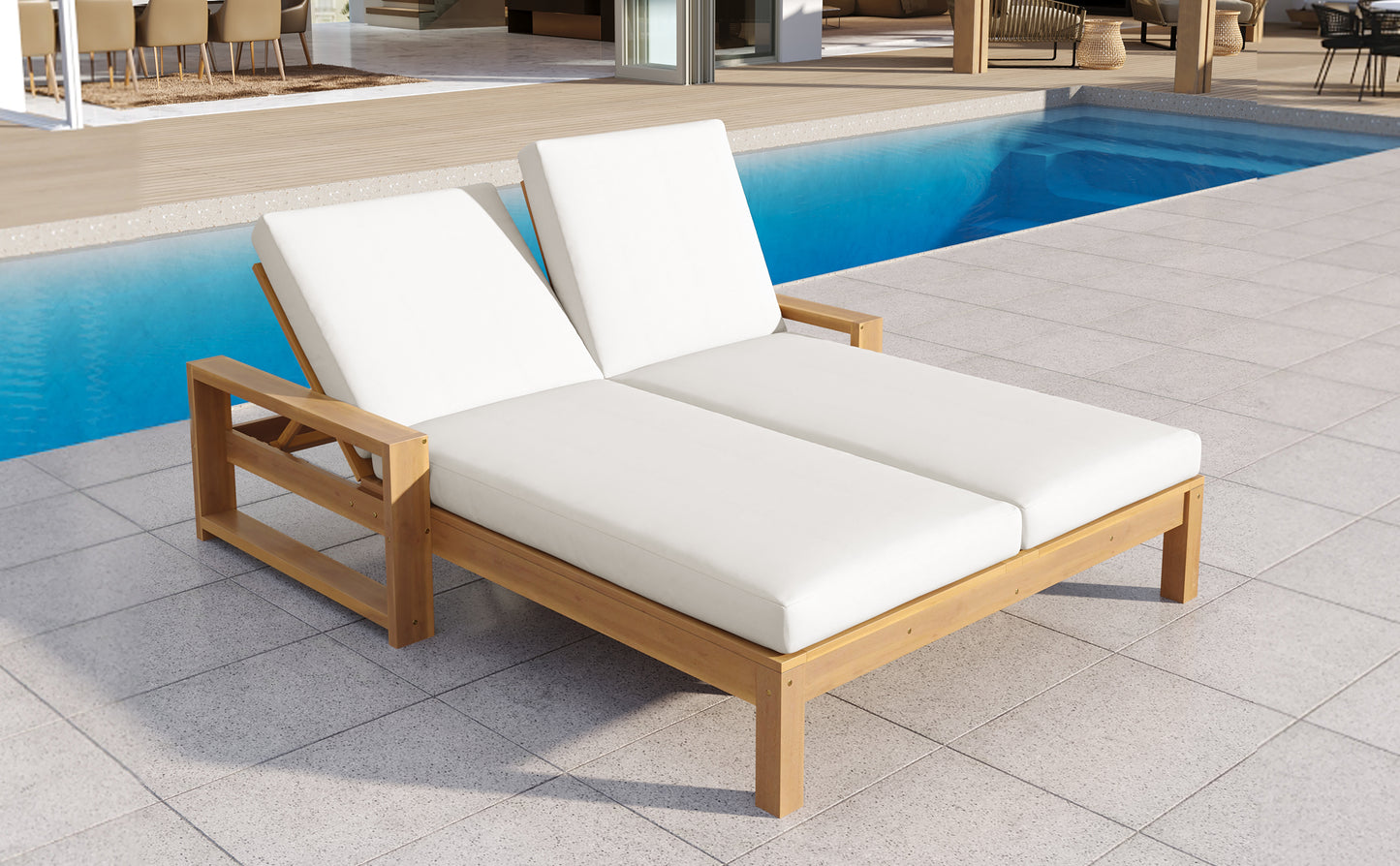 TREXM Outdoor Double Lounge Chair with 5-Position Adjustable Backrest for Each Seat, Wood Patio Chaise Lounge with Removable Cushions for Patio, Poolside, Garden (Light Teak+Beige cushion) image 7