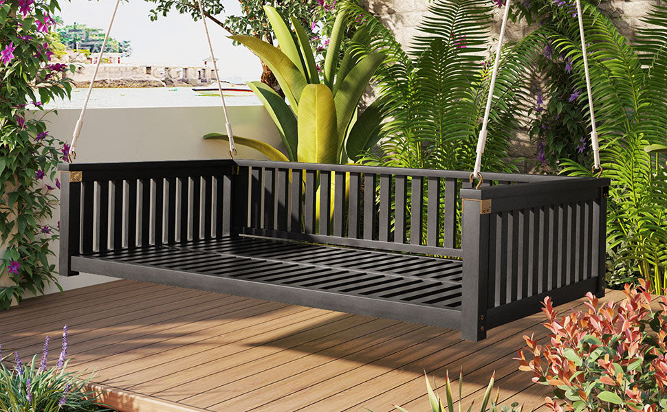 TOPMAX Patio Minimalist Twin Size Garden Swing Bed Wood Porch Swing with Ropes for Backyard, Safe Sloped Design, Black image 3