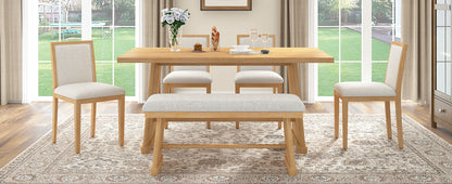 TREXM 6-Piece Rustic Farmhouse Dining Table Set with Wire Brushed Design, Rectangular Dining Table with Trapezoid Legs, 4 Upholstered Linen Chairs & 1 Padded Bench for Dining Room & Kitchen (Natural) image 7