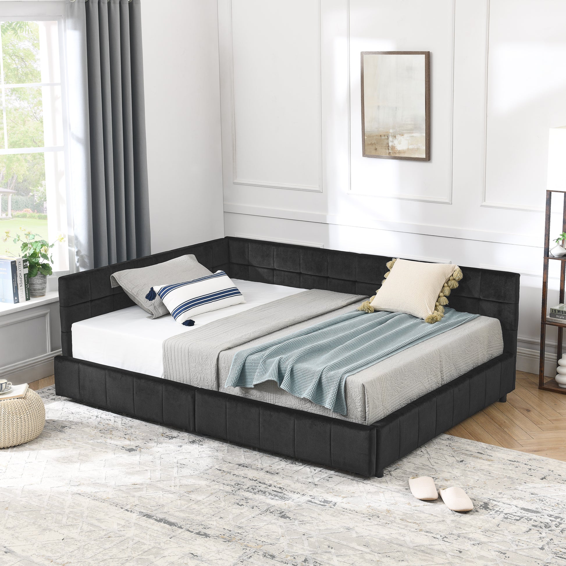 Full Size Storage Upholstered Tufted Bed Frame, Sofa Bed Frame with Comfortable Backrest and Armrests, Full Size Bed for Bedroom, Living Room,Velvet, BLACK(80.5''*59''*29.5'') image 5