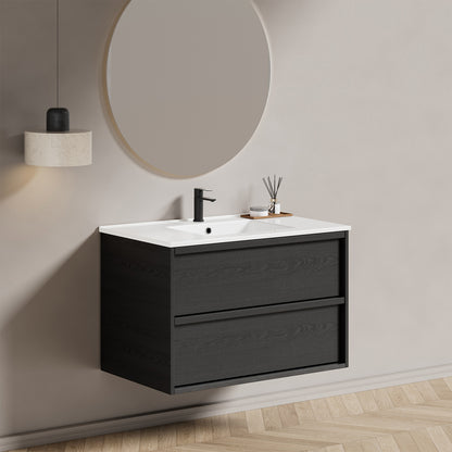 36 Inch Bathroom Vanity Cabinet With Ceramic Sink - Gray Wall Mounted Floating Fluted Vanity With Drawers, Modern image 2