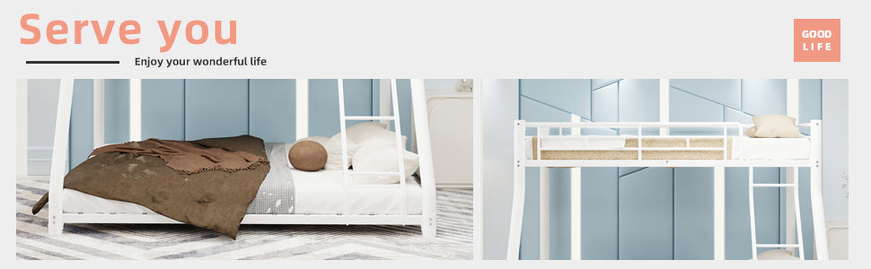 Metal Bunk Bed Twin Over Full Size with Removable Stairs, Heavy Duty Sturdy Frame with 12" Under-Bed Storage for Teen & Adults, Teens, No Box Spring Needed, White image 2