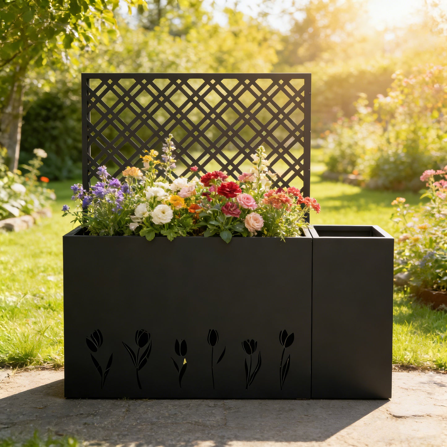 2-Piece Metal Planter Box with Trellis - 23.6in Depth Raised Garden Bed for Outdoor Indoor Use, Rust-Resistant Galvanized Steel Flower Planter with Drainage Holes, Tulip Black image 1