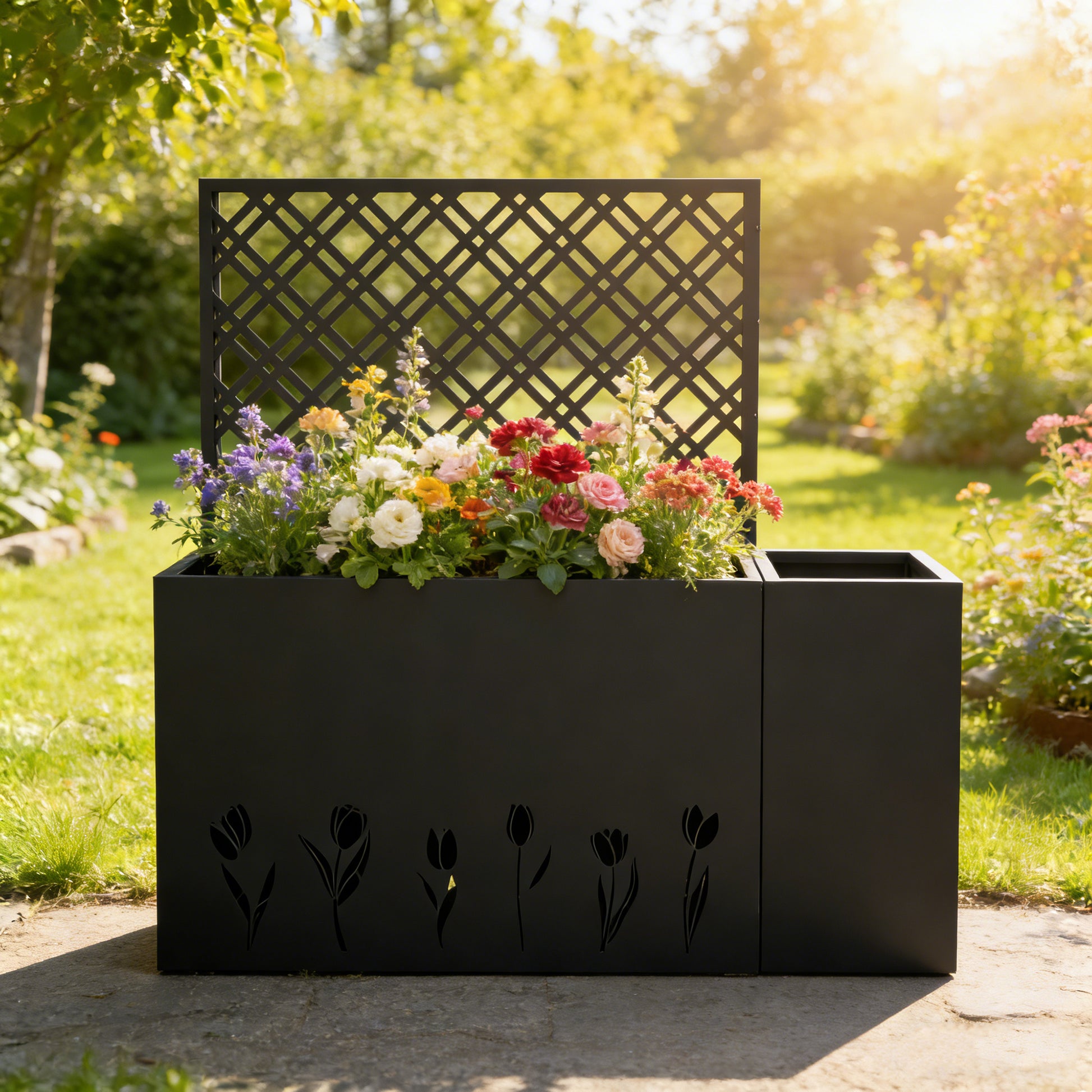 2-Piece Metal Planter Box with Trellis - 23.6in Depth Raised Garden Bed for Outdoor Indoor Use, Rust-Resistant Galvanized Steel Flower Planter with Drainage Holes, Tulip Black image 1