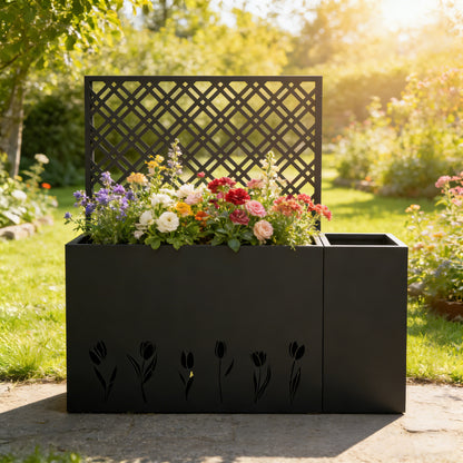 2-Piece Metal Planter Box with Trellis - 23.6in Depth Raised Garden Bed for Outdoor Indoor Use, Rust-Resistant Galvanized Steel Flower Planter with Drainage Holes, Tulip Black image 1