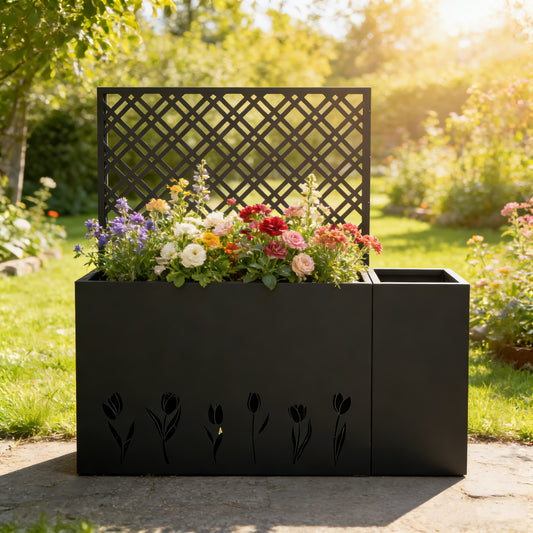 2-Piece Metal Planter Box with Trellis - Tulip Black - Front View