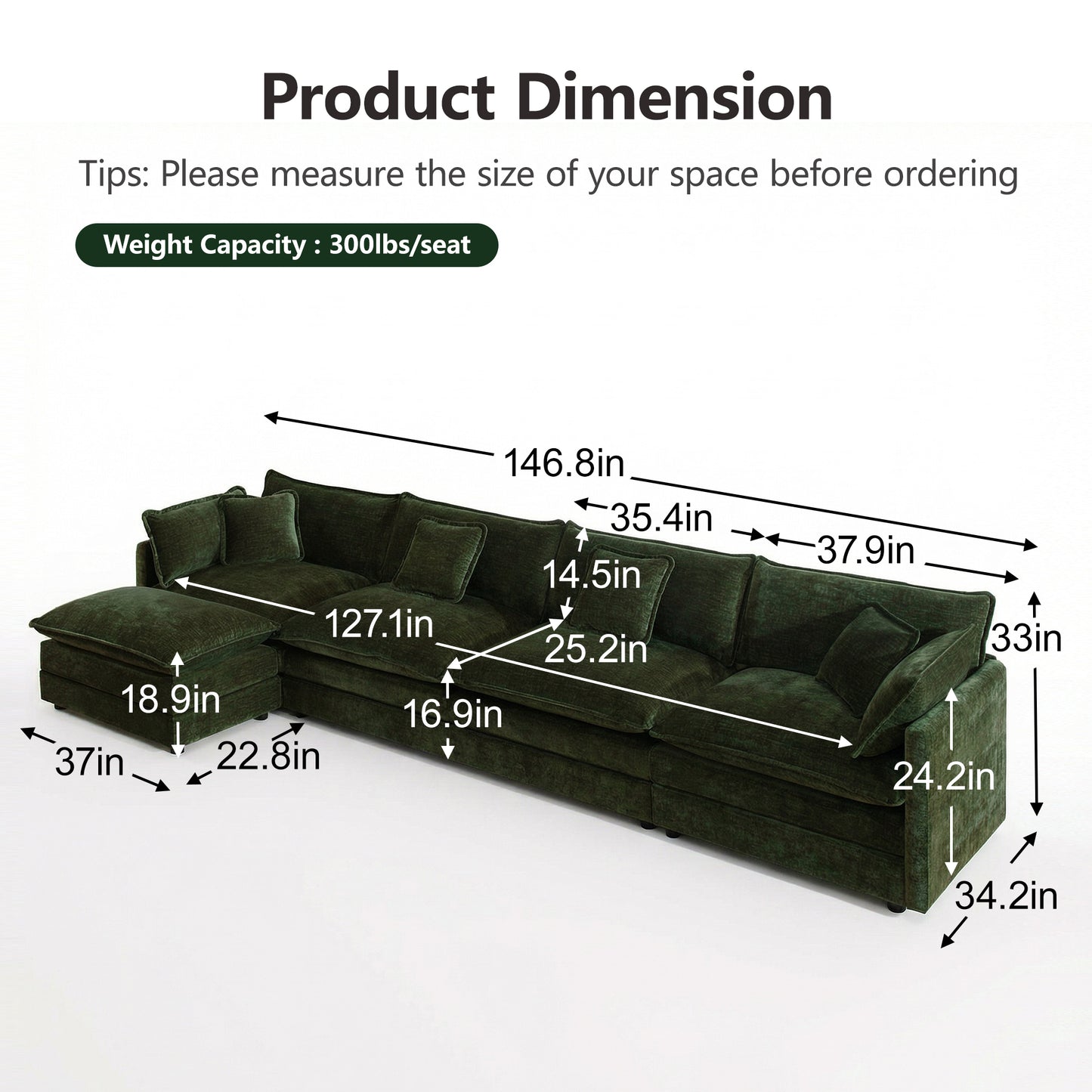Modular Sectional Sofa for Living Room,U Shaped Couch 4 Seater Convertible Sectional Couch with 1 Ottoman,Green Chenille image 5