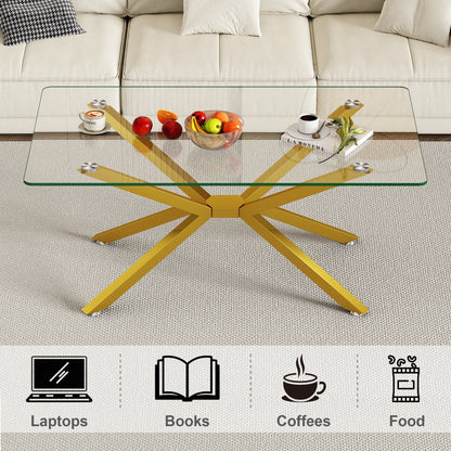 39.37" Rectangular Clear Tempered Glass Coffee Table,Stylish Design with Gold Metal Legs, Coffee Table for Living Room image 4