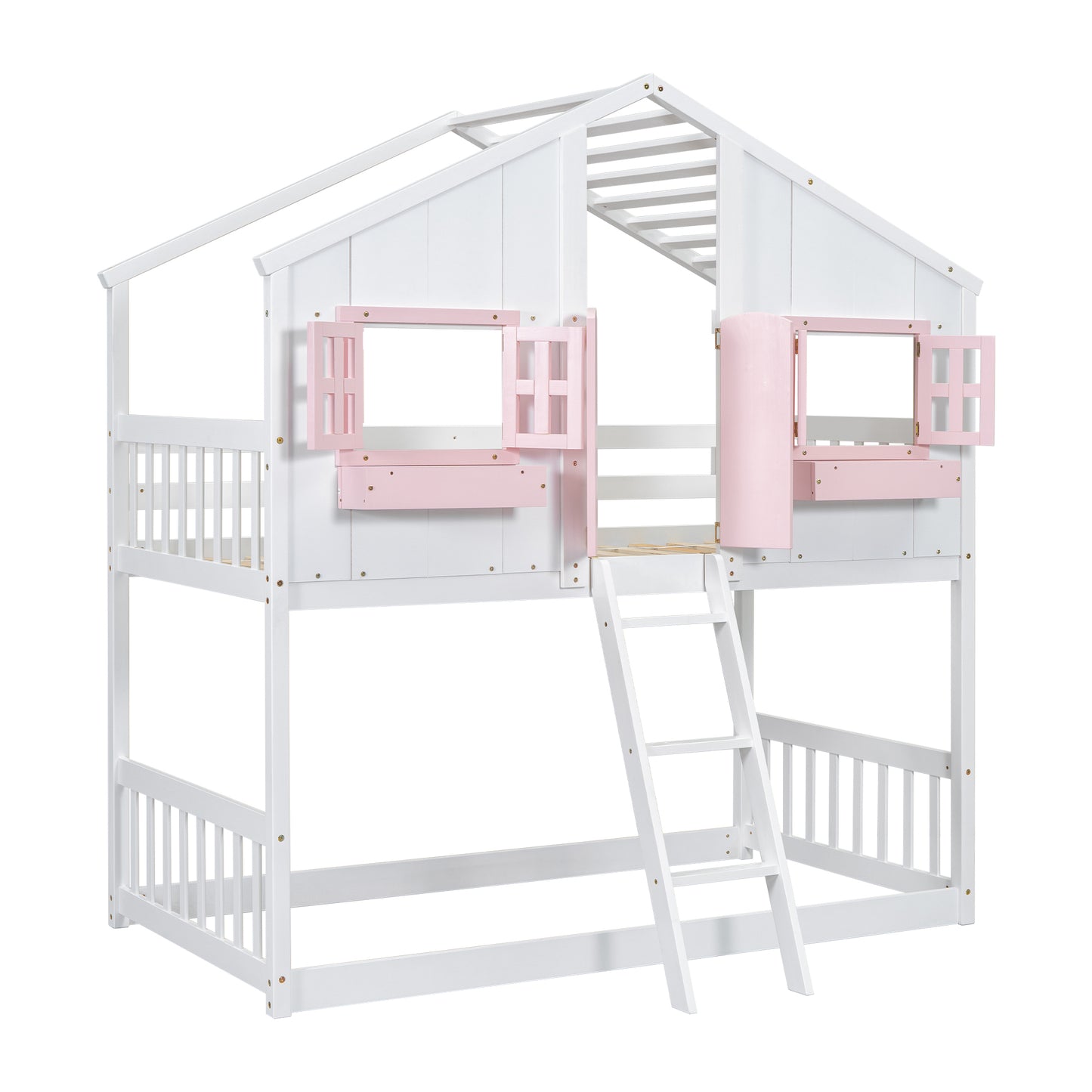 Twin over Twin House Bunk Bed with Roof, Window, Window Box, Door, with Safety Guardrails and Ladder, Pink/White image 2