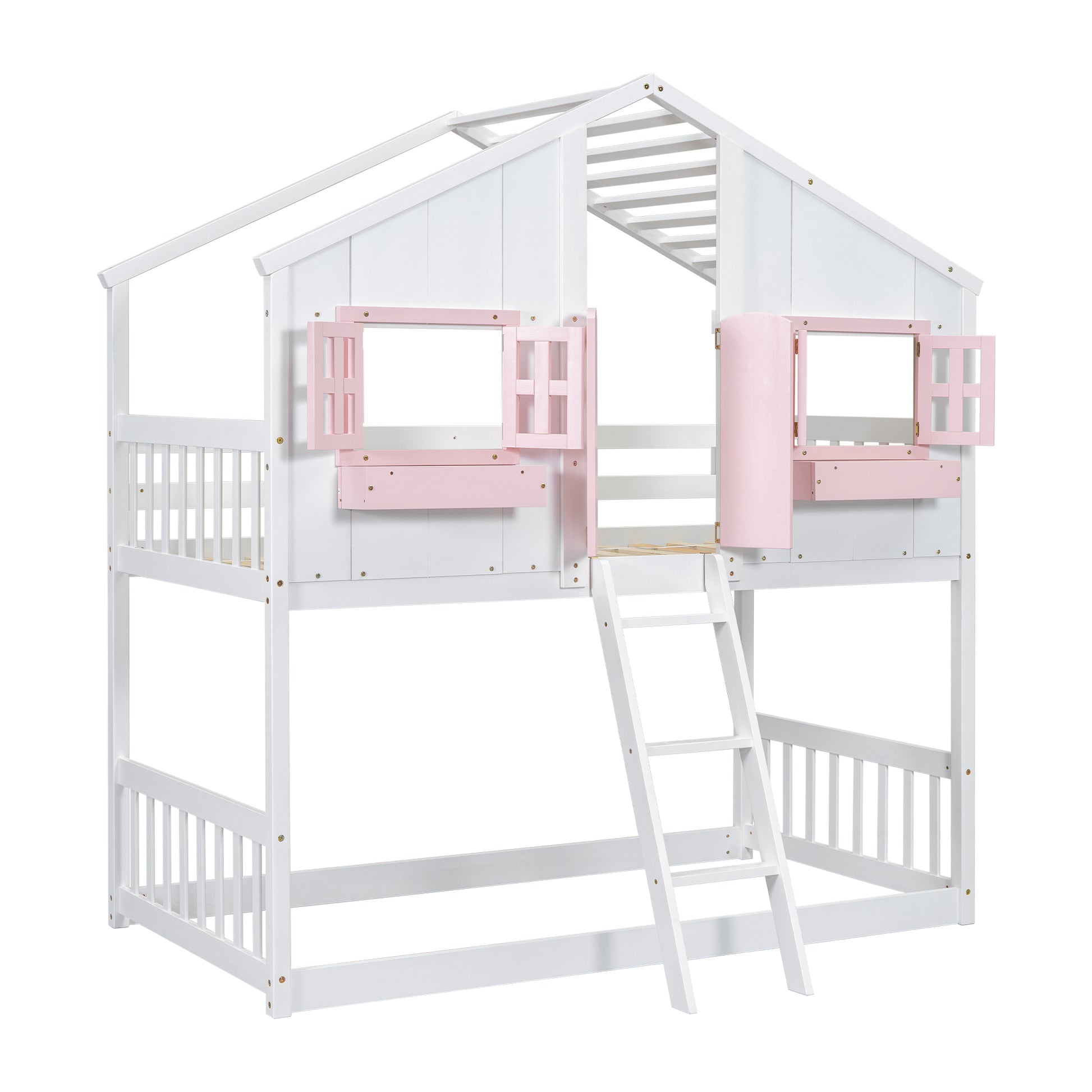 Twin over Twin House Bunk Bed with Roof, Window, Window Box, Door, with Safety Guardrails and Ladder, Pink/White image 2
