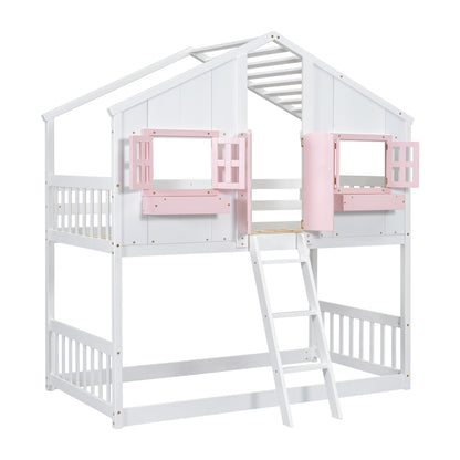 Twin over Twin House Bunk Bed with Roof, Window, Window Box, Door, with Safety Guardrails and Ladder, Pink/White image 2