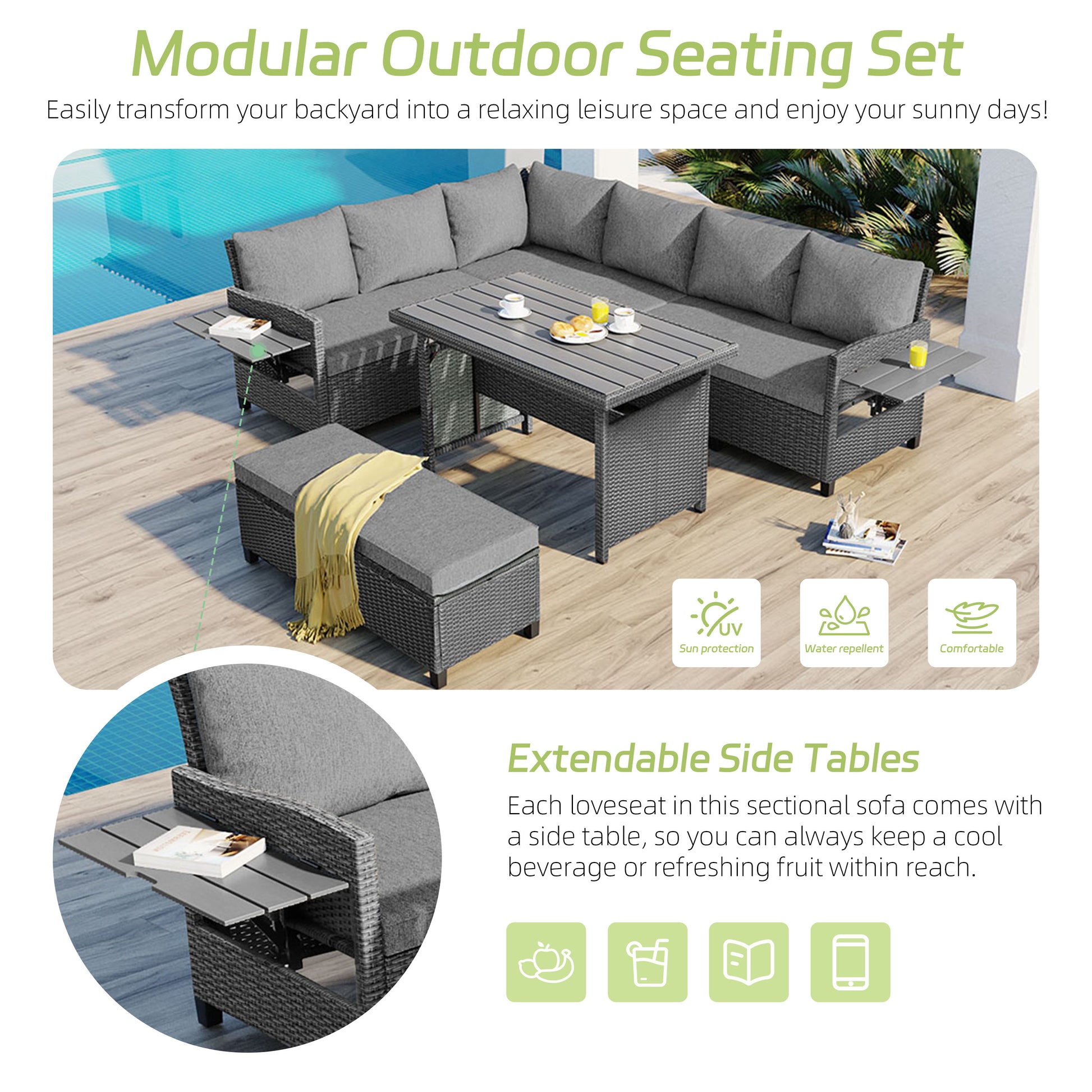 TOMAX 5-Piece Outdoor Patio Rattan Sofa Set, Sectional PE Wicker L-Shaped Garden Furniture Set with 2 Extendable Side Tables, Dining Table and Washable Covers for Backyard, Poolside, Indoor, Grey image 4