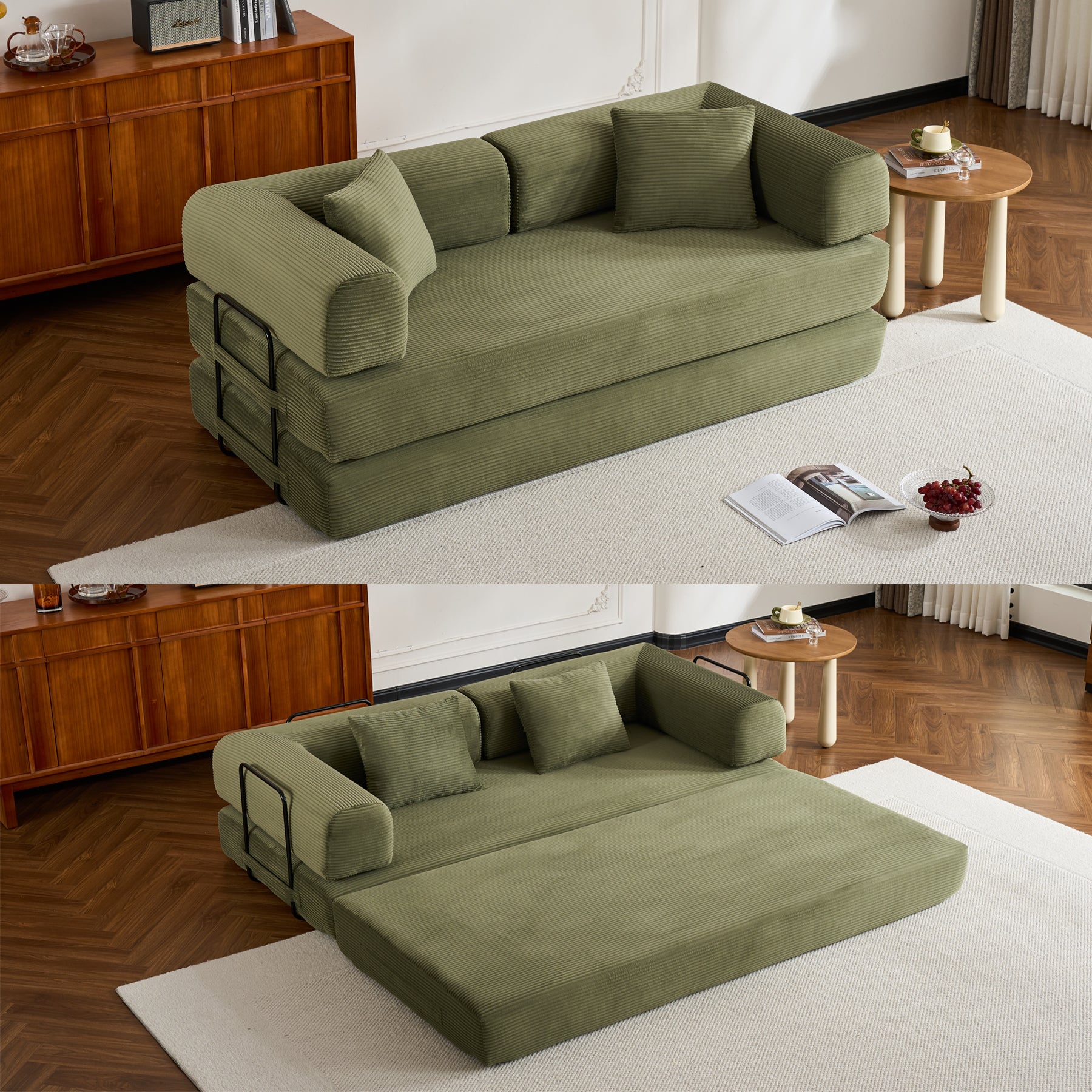 Convertible Sleeper Sofa Bed with Cylindrical Pillow, Corduroy Folding Mattress Couch with Fixed-Shape Frame, Floor Sofa Lounge Couch for Living Room Bedroom (Green) image 9