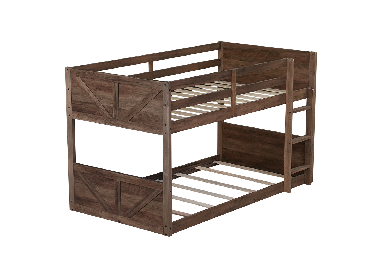 Twin over Twin Floor Bunk Bed with Panelled Headboard and Footboard, Solid Rubber Wood Foundation with Safety Guardrails, Built-in ladder,Antique Oak(Old Sku W504P263818) image 5
