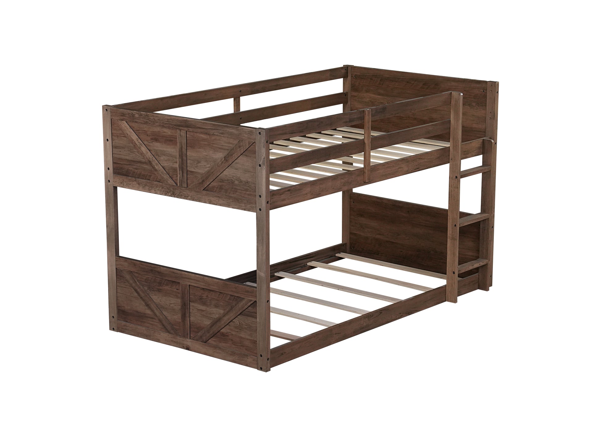 Twin over Twin Floor Bunk Bed with Panelled Headboard and Footboard, Solid Rubber Wood Foundation with Safety Guardrails, Built-in ladder,Antique Oak(Old Sku W504P263818) image 5