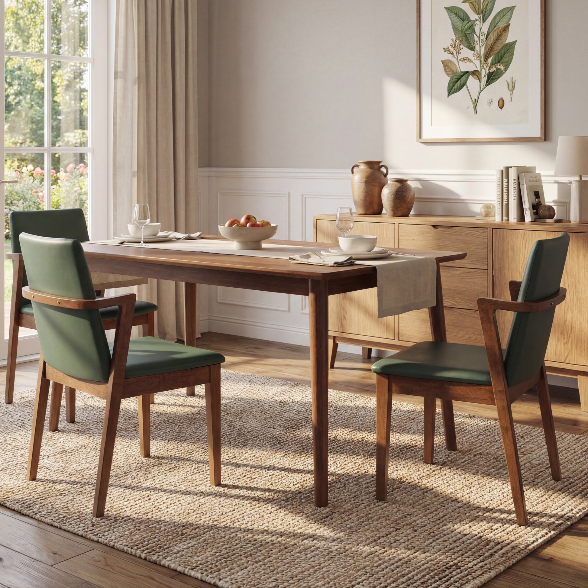 Mid-Century Modern Dining Chairs Set of 2 - Green PU Upholstered Armchairs with Walnut Color Rubber Wood Frame, 250lbs Capacity for Kitchen & Dining Room image 3