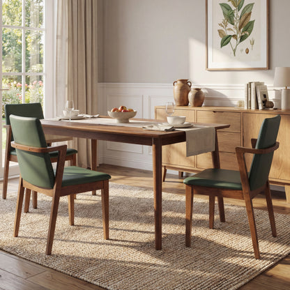 Mid-Century Modern Dining Chairs Set of 2 - Green PU Upholstered Armchairs with Walnut Color Rubber Wood Frame, 250lbs Capacity for Kitchen & Dining Room image 3