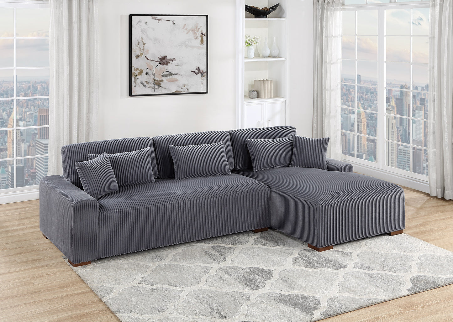 Modern 2pc Sectional Set XL Plush Corduroy Fabric Dark Gray LAF Sofa RAF Chaise Living Room Couch image 1