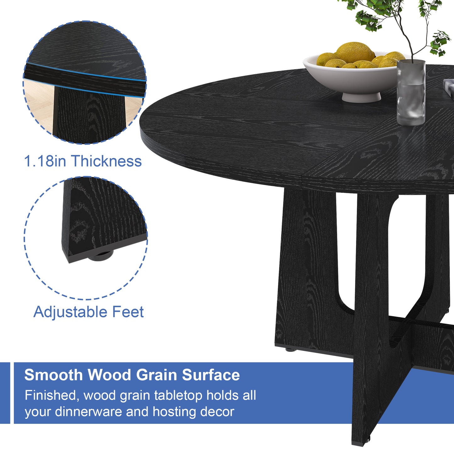 Spiced Round Dining Table for 4 - 47 Inch Farmhouse Kitchen Table, MDF Circle Table with Wood Grain Finish, 300lb Weight Capacity, Easy Assembly for Dining Room, Kitchen, Living Room -Black image 3