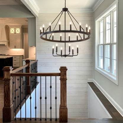 40'' 2 Tier Wagon Wheel Chandelier 16+6)22-Lights Farmhouse Industrial Country Style Round Pendant Light Fixture for Outdoor Porch high Ceilings Living Dining Room Foyer Entryway-BLACK image 4