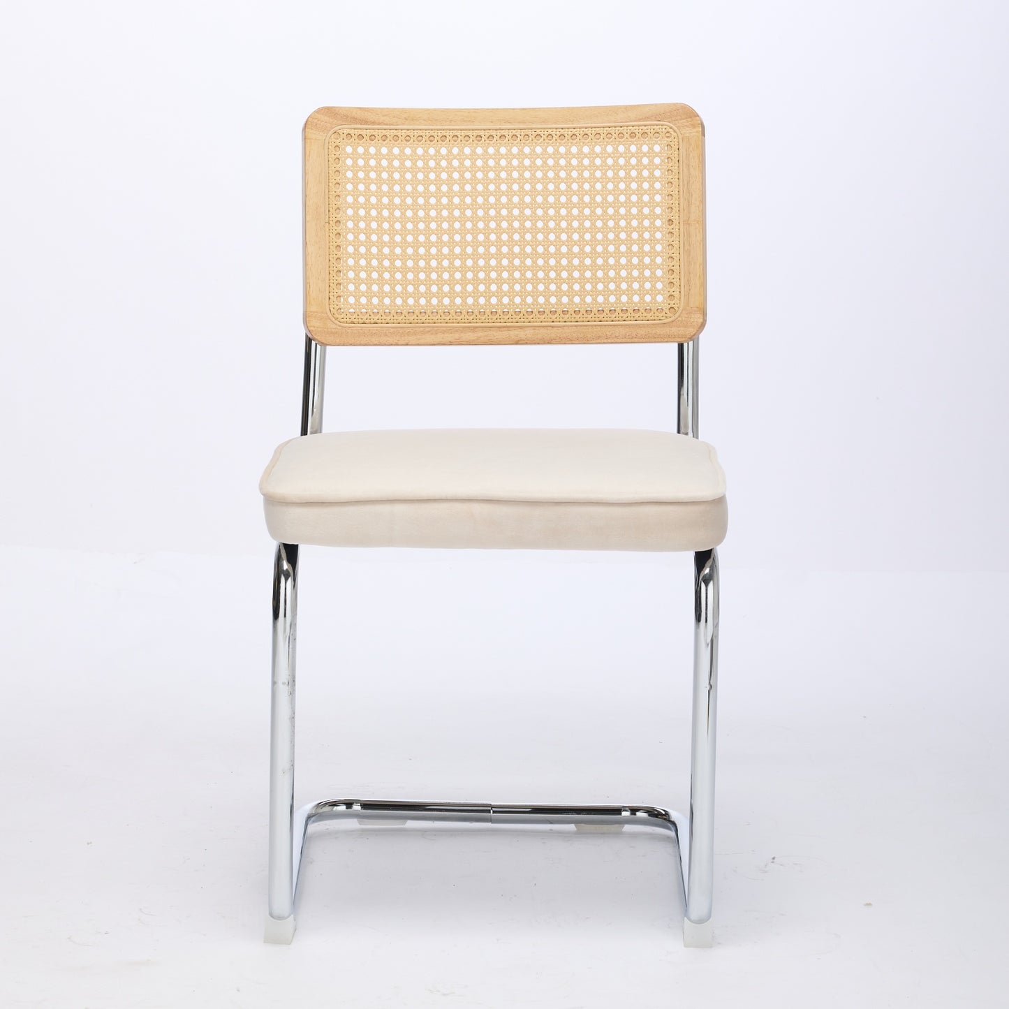 Mid Century Modern Dining Chairs Set of 2, Velvet Accent Chairs with Natural Cane Back & Stainless Chrome Base, Famous Breuer Designed Chairs, Upholstered Rattan Kitchen Chairs,Beige image 2