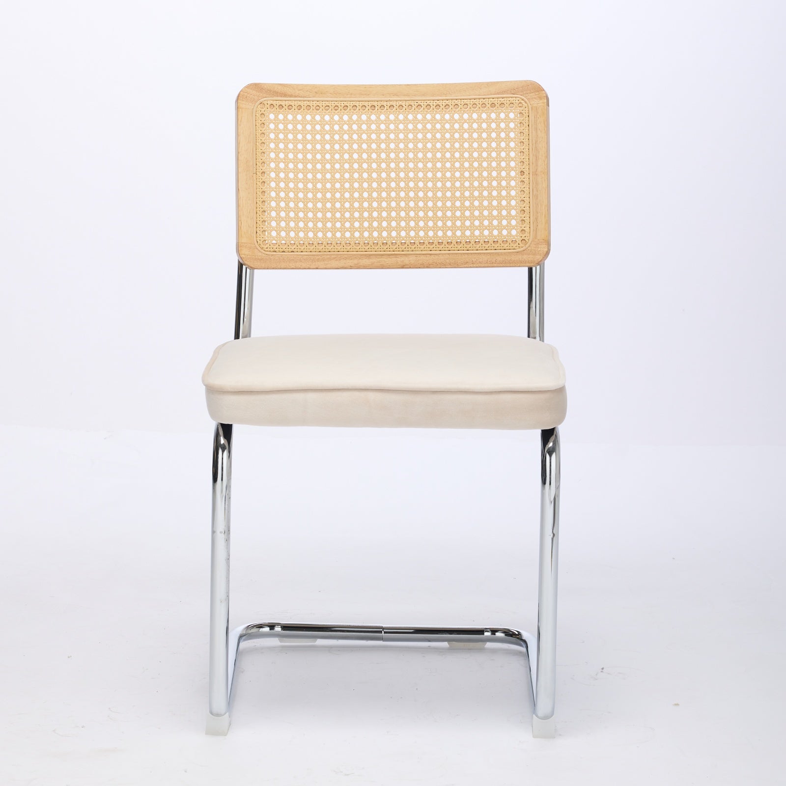 Mid Century Modern Dining Chairs Set of 2, Velvet Accent Chairs with Natural Cane Back & Stainless Chrome Base, Famous Breuer Designed Chairs, Upholstered Rattan Kitchen Chairs,Beige image 2