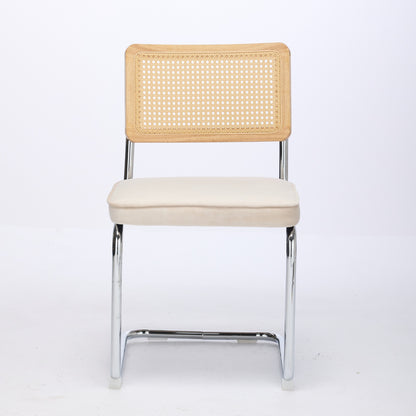 Mid Century Modern Dining Chairs Set of 2, Velvet Accent Chairs with Natural Cane Back & Stainless Chrome Base, Famous Breuer Designed Chairs, Upholstered Rattan Kitchen Chairs,Beige image 2