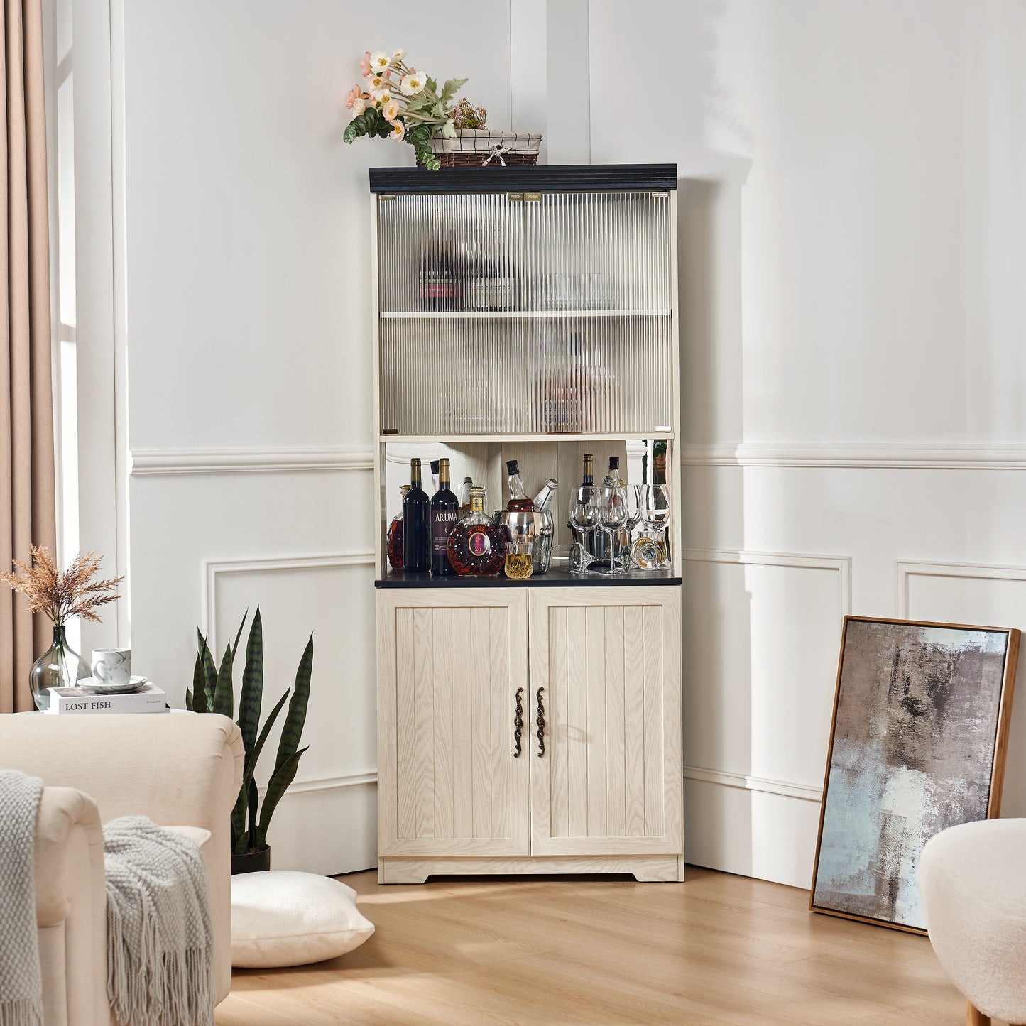 70.86"(180cm) Tall Free Standing Corner Storage Cabinet, 5 Tiers Wine Cabinet With Tempered Glass Doors, Mirrored Back, Adjustable Shelves For Living Room Kitchen, Modern Wood Display Cabinet image 2