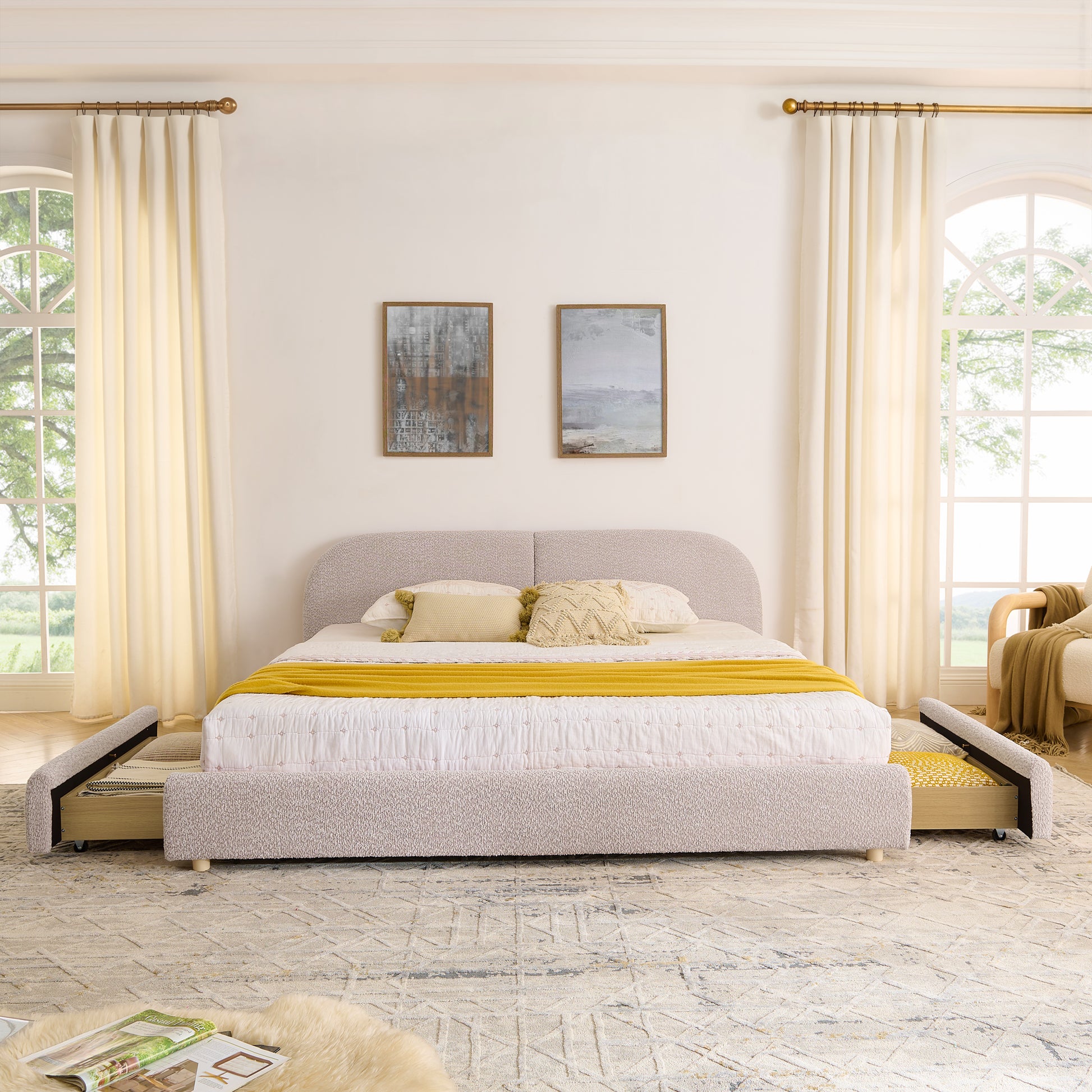 King Size Upholstered Bed Frame Modern Minimalist Style - Circle Yarn Fabric, Tall Curved Headboard, Sturdy Leg Support & Wheeled Drawer Storage, Mattress Not Included - Pink image 3