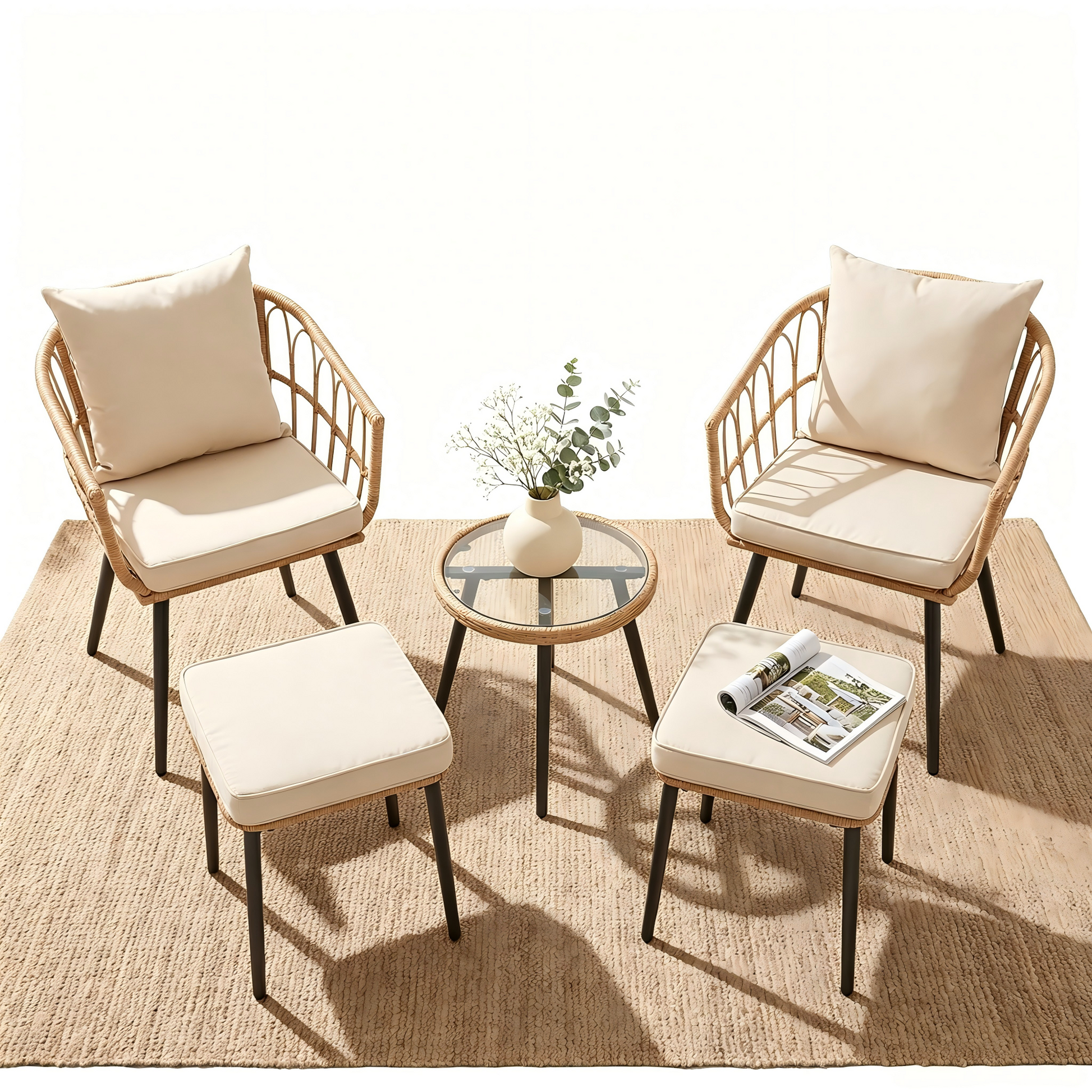 5 Piece Patio Furniture Set, Outdoor Wicker Small Conversation Bistro Set, All-Weather PE Rattan Chairs with Ottoman & Coffee Table, Ideal for Balcony Porch Deck Yard Poolside image 3