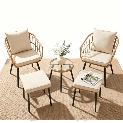 5 Piece Patio Furniture Set, Outdoor Wicker Small Conversation Bistro Set, All-Weather PE Rattan Chairs with Ottoman & Coffee Table, Ideal for Balcony Porch Deck Yard Poolside image 3