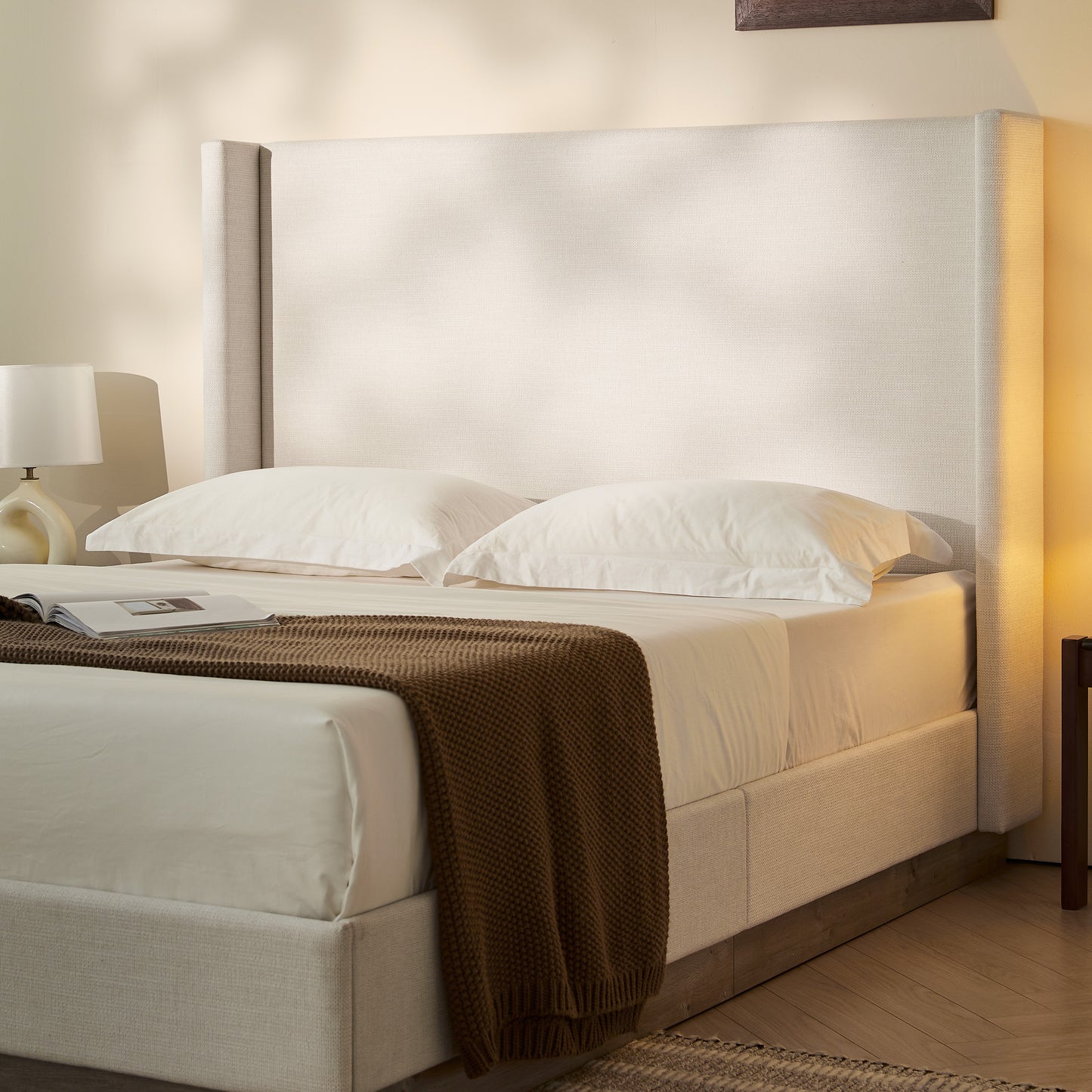 Hosford Upholstered Wingback Bed / Upholstered Wood Base Platform Bed / 52.5" High Headboard / Minimalist / Rusticity / No Box Spring Needed / Queen / Textured Ivory Canvas / No Noise image 2
