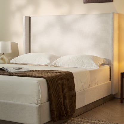 Hosford Upholstered Wingback Bed / Upholstered Wood Base Platform Bed / 52.5" High Headboard / Minimalist / Rusticity / No Box Spring Needed / Queen / Textured Ivory Canvas / No Noise image 2